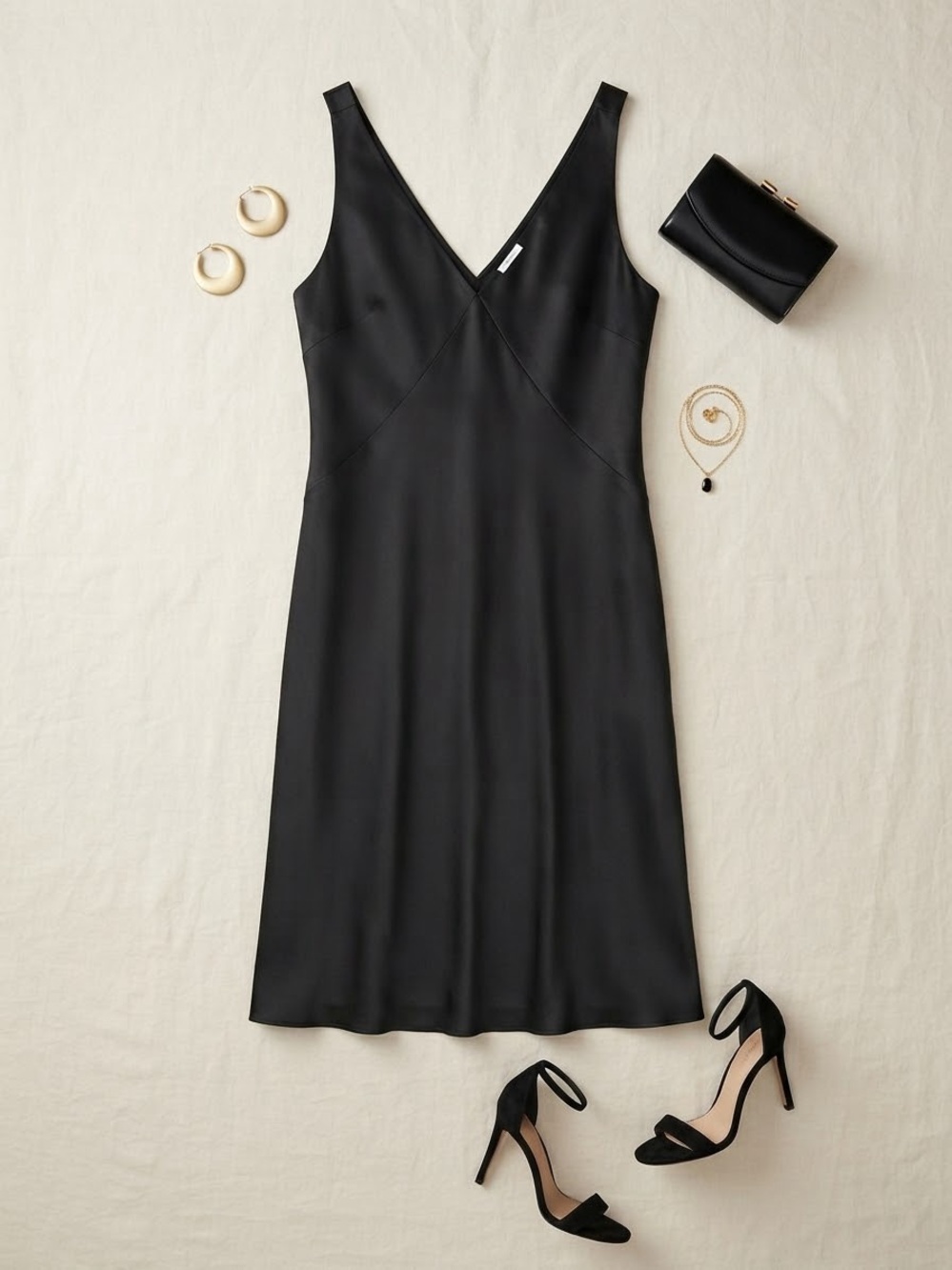 a new day Black Satin V-Neck Midi Slip Dress with Minimal Seams